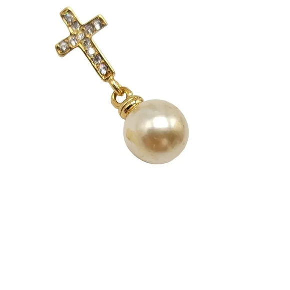 Gold Tone Rhinestone Crucifix Cross Faux Pearl Drop Pendant Charm - Picture 2 of 4